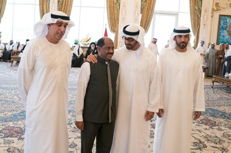 ABU DHABI, UNITED ARAB EMIRATES - January 22, 2018: HH Sheikh Mohamed bin Zayed Al Nahyan, Crown Prince of Abu Dhabi and Deputy Supreme Commander of the UAE Armed Forces (2nd R), stand for a photograph with Paninkonhi Mohiuddin (3rd R), during a Sea Palace barza. Seen with HE Mohamed Mubarak Al Mazrouei, Undersecretary of the Crown Prince Court of Abu Dhabi (R), and HE Jaber Al Suwaidi, General Director of the Crown Prince Court - Abu Dhabi (L).

( Hamad Al Kaabi / Crown Prince Court - Abu Dhabi )
—