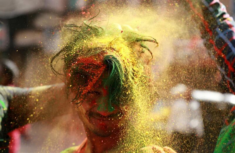Indian people apply colour on each other during Holi festival celebrations in Jammu, India, 09 March 2020. Holi is an ancient Indian festival also known as the 'Festival of Color,' held to mark the arrival of spring. EPA