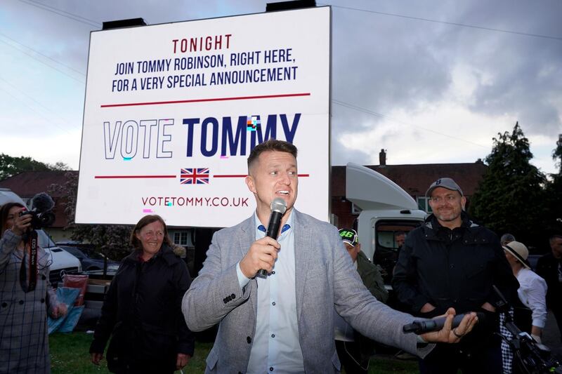 WYTHENSHAWE, ENGLAND - APRIL 25: British far-right activist and pundit, Tommy Robinson (real name Stephen Yaxley-Lennon) speaks to supporters as he launches his election campaign for the forthcoming European Elections, where he will standing for the North West seat as an independent, on April 25, 2019 in Wythenshawe, England. (Photo by Christopher Furlong/Getty Images) ***BESTPIX***