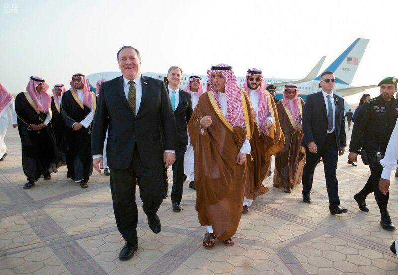 In this April 28, 2018 photo released by Saudi Press Agency, SPA, and made available April 29, 2018, U.S. Secretary of State Mike Pompeo, center left, is received by Saudi Foreign Minister Adel Al Jubeir, in Riyadh, Saudi Arabia. U.S. Secretary of State Pompeo is using the Middle East leg of his first trip abroad as America's top diplomat to call for concerted international action to punish Iran for its missile programs. (Saudi Press Agency via AP)