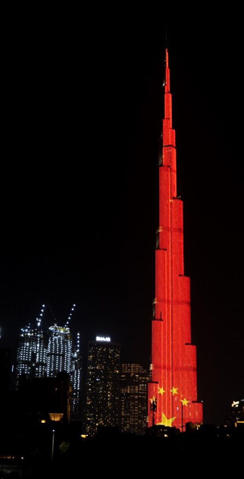 The Burj Khalifa lit up in the colours of the Chinese national flag on Sunday night in solidarity with Beijing over the outbreak of the coronavirus. Wam