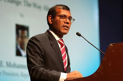 FILE - In this Feb. 14, 2019, file photo, former Maldives President Mohamed Nasheed delivers a lecture on climate change in New Delhi, India. Nasheed has been injured in a blast Thursday, May 6, 2021 near his home and was being treated in a hospital in the capital, police said. (AP Photo/Manish Swarup, File)