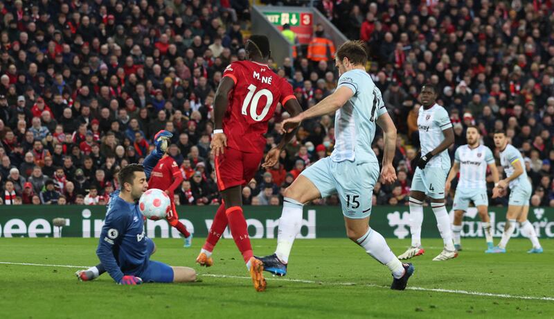 Liverpool's Sadio Mane scores the only goal in the 1-0 victory against West Ham at Anfield.  Reuters