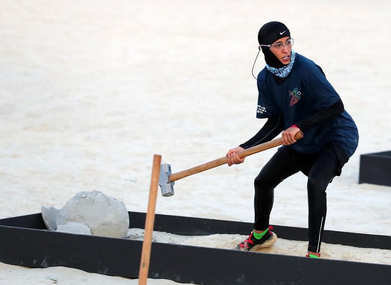 Dubai, United Arab Emirates - April 06, 2019: A member of the DEWA team takes part in the women's finals of the Gov Games 2019. Saturday the 6th of April 2019. Kite Beach, Dubai. Chris Whiteoak / The National