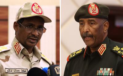 Sudan's Army chief Abdel Fattah Al Burhan, right, and Rapid Support Forces commander Mohamed Hamdan Dagalo were allies in the removal of the dictator Omar Al Bashir in 2019 and a coup staged in 2021. AFP