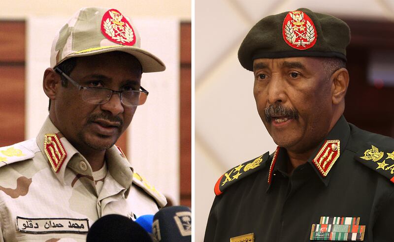 Sudan's Army chief Gen Abdel Fattah Al Burhan, right, and commander of the paramilitary Rapid Support Forces, Gen Mohamed Dagalo. AFP