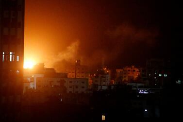 An explosion caused by Israeli airstrikes is seen from Hamas security building in Gaza City, Monday, March 25, 2019. Israeli forces on Monday struck targets across the Gaza Strip in response to a surprise rocket attack from the Palestinian territory, as the military beefed up troops and rocket-defence systems in anticipation of a new round of heavy fighting with the Islamic militant Hamas group. AP Photo