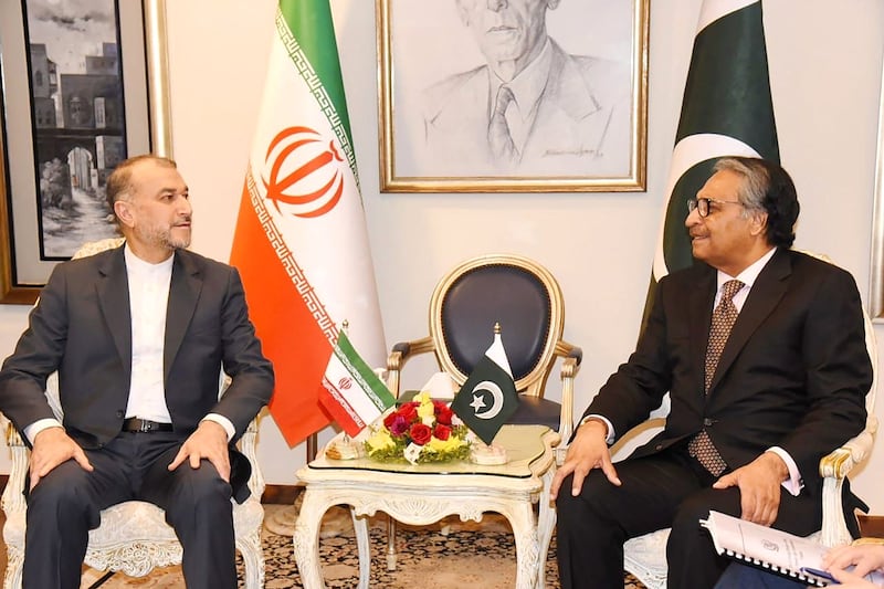 Iran's Foreign Minister Hossein Amirabdollahian, left, and his Pakistani counterpart Jalil Abbas Jilani holding talks in Islamabad. AFP