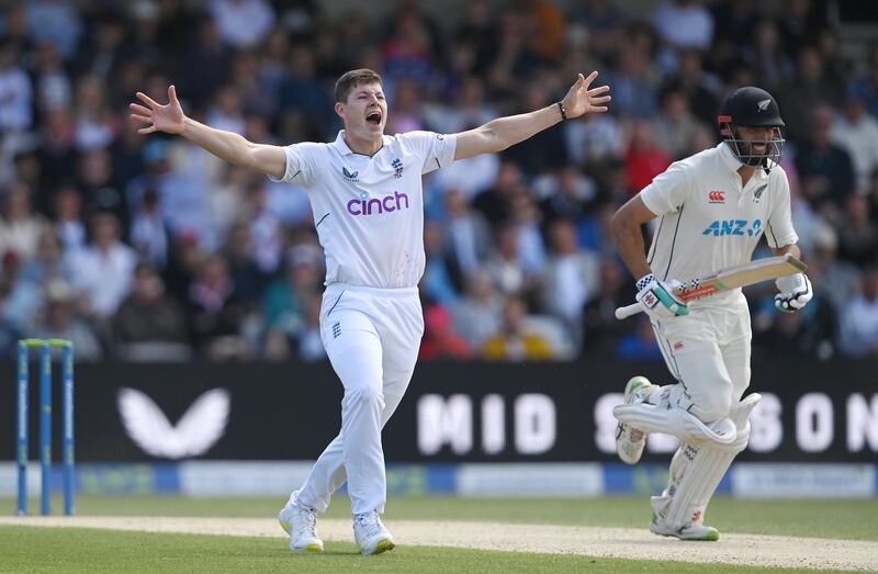 Matthew Potts of England appeals successfully for a wicket of Daryl Mitchell of New Zealand. Getty 