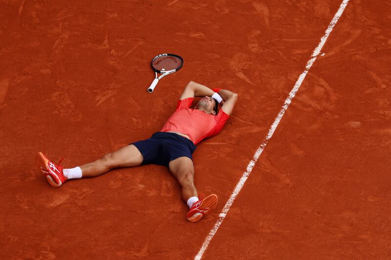 Novak Djokovic celebrates beating Casper Ruud in Paris. Getty