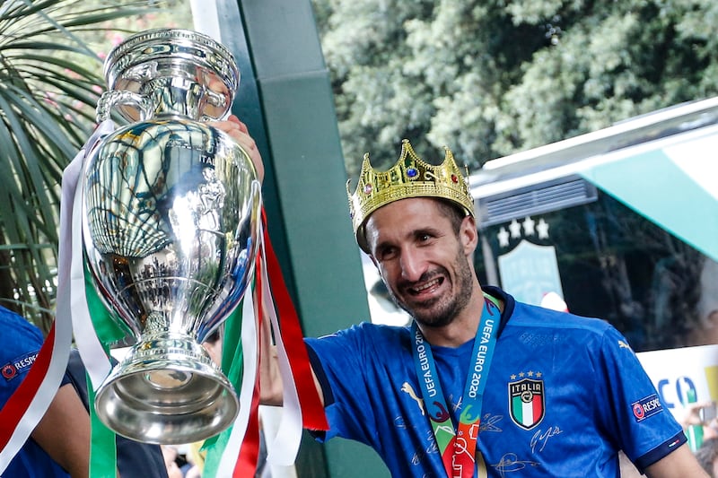 Giorgio Chiellini with the winners trophy after Italy beat England in the Euro 2020 final.