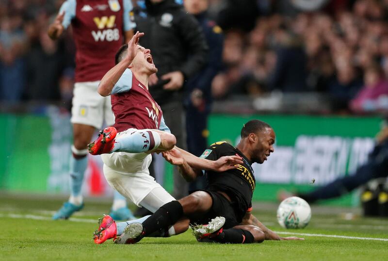 Manchester City's Raheem Sterling fouls Aston Villa's Frederic Guilbert. Reuters