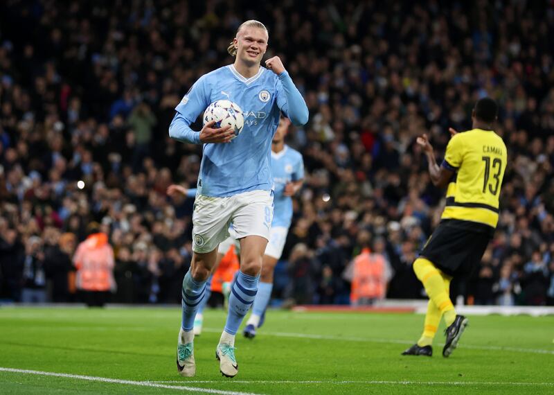 Erling Haaland celebrates after scoring Manchester City's first goal from the penalty spot. Getty Images