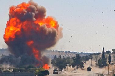 A fireball erupts at the site of an explosion that hit a joint Turkish-Russian patrol on the strategic M4 motorway, near the Syrian town of Ariha in rebel-held Idlib province. AFP