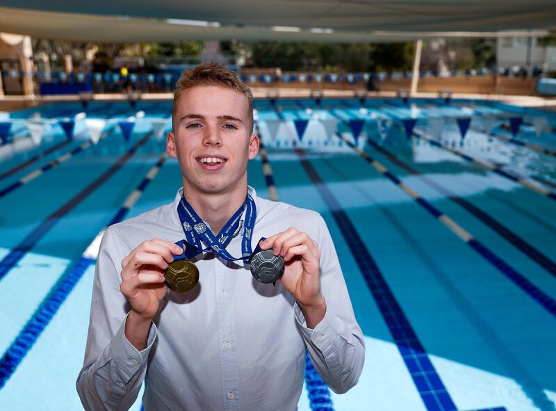 Dubai, UAE, March 7, 2017.  Lewis Burras, a student as JESS School Dubai, has returned home from the British Swimming Championships with 2 gold medals and 1 silver. 
Victor Besa / The National
Sports
Reporter:  Steve Luckings