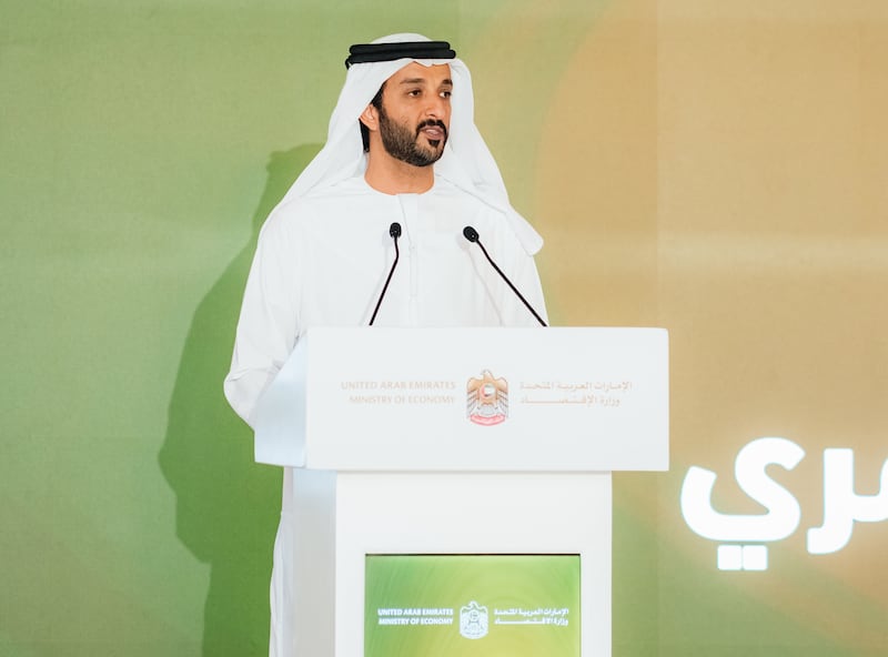 Abdulla bin Touq, UAE Minister of Economy, delivering a keynote during the launch of the IP Ecosystem in Dubai on Wednesday. Photo: Ministry of Economy