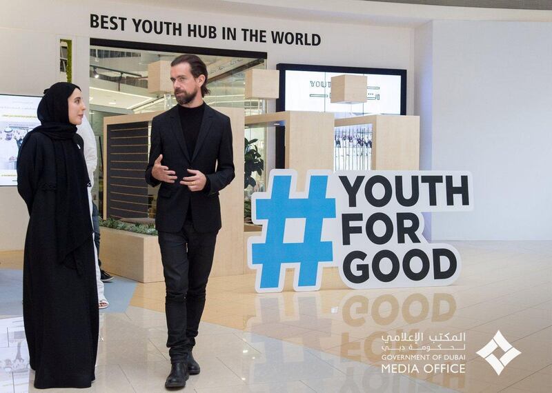 Shamma Al Mazrui, Minister of State for Youth Affairs, and Jack Dorsey, chief executive of Twitter, launch a charitable initiative in the UAE on Monday. Courtesy Dubai Media Office