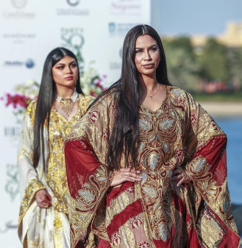 Abu Dhabi, U.A.E., January 31, 2019.  A look at Crazy Rich Asean, a fashion & jewellery show being held at the Singapore Residence in Abu Dhabi. --  Fashion by Emirati designer, Shamsa Al Mehairi.
 Victor Besa / The National
Section:  IF
Reporter:  Panna Munyal