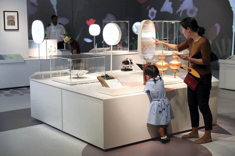 Abu Dhabi, United Arab Emirates - November 12th, 2017: Peiling Cao and daughter Vera aged 3 at the ChildrenÕs Museum at the Louvre. Sunday, November 12th, 2017 at Louvre, Abu Dhabi. Chris Whiteoak / The National