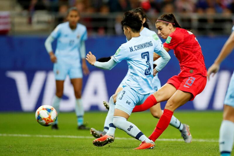 Alex Morgan of the US scores their eighth goal to complete her hat-trick. Reuters