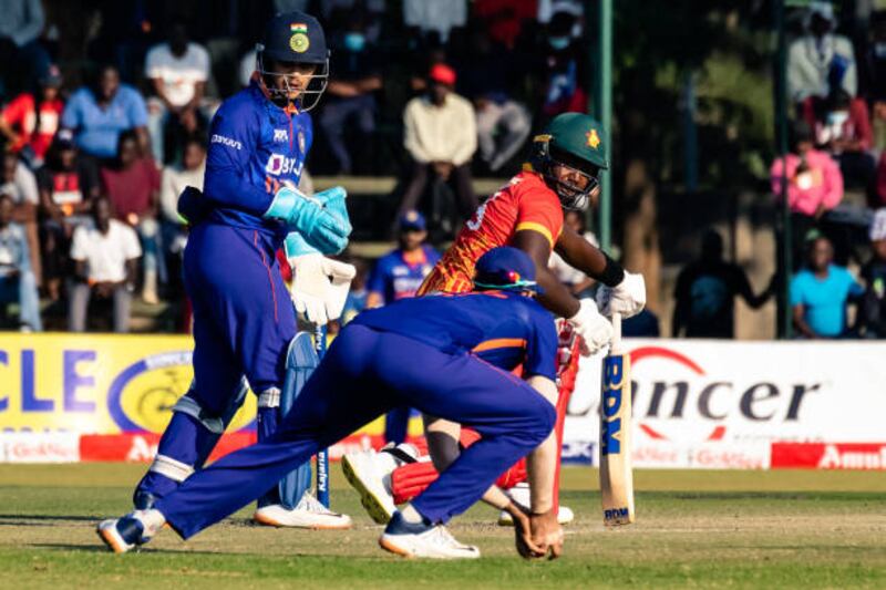 Zimbabwe's Luke Jongwe is caught by India fielder Shubman Gill at the Harare Sports Club. Getty