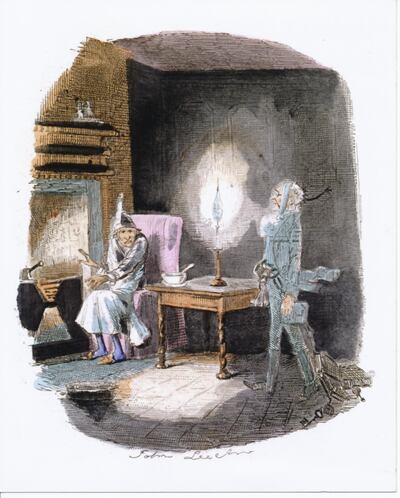 Scrooge and the ghost of Marly. Courtesy Charles Dickens