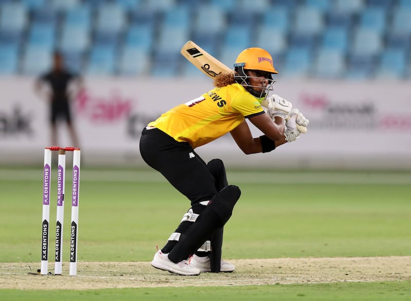 Warriors' Hayley Matthews bats in the opening game at the FairBreak Invitational against Falcons at the Dubai International Stadium. All photos Chris Whiteoak / The National