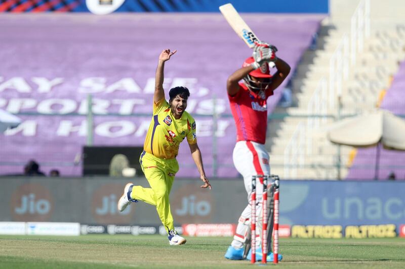 Shardul Thakur of Chennai Superkings celebrates the wicket of Nicholas Pooran of Kings XI Punjab during match 53 of season 13 of the Dream 11 Indian Premier League (IPL) between the Chennai Super Kings and the Kings XI Punjab at the Sheikh Zayed Stadium, Abu Dhabi  in the United Arab Emirates on the 1st November 2020.  Photo by: Vipin Pawar  / Sportzpics for BCCI