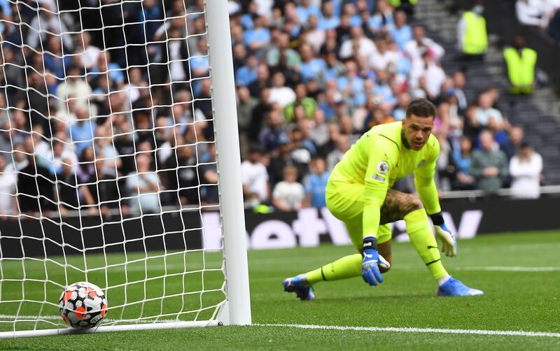 City goalkeeper Ederson watches Son Heung-min's strike roll into the net.