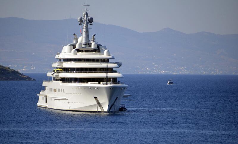 MUGLA, TURKEY - SEPTEMBER 30: The private luxury yacht of Russian billionaire Roman Abramovich, Eclipse, which worths 1.2 billion US dollars, anchors in bodrum district of Turkey's southwestern province Mugla, on September 30, 2014.  (Photo by Ali Balli/Anadolu Agency/Getty Images)