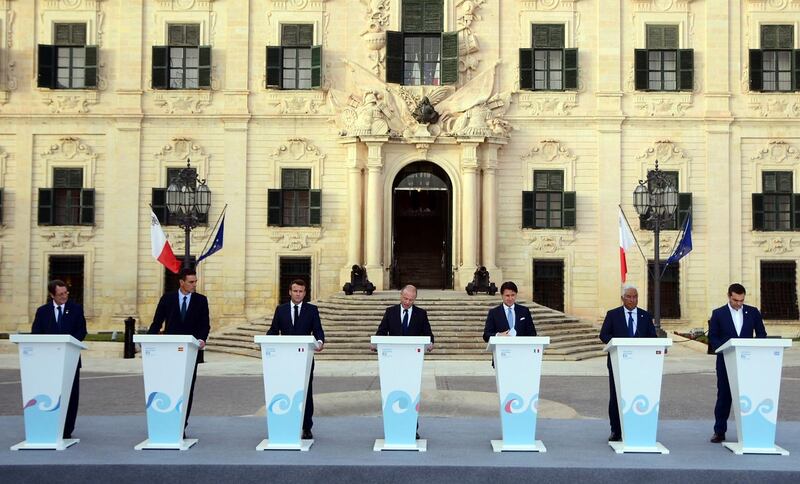 From left, Cyprus President Nicos Anastasiades, Spain Prime Minister Pedro Sanchez, French President Emmanuel Macron, Malta Prime Minister Joseph Muscat, Italian Premier Giuseppe Conte, Portugal Prime Minister Antonio Costa and Greek Prime Minster Alexis Tsipras meet the media on the occasion of the Mediterranean Summit of Southern EU countries in Valetta, Malta, Friday, June 14, 2019. The leaders of southern European nations have gathered in Malta to build a united front on key economic and political issues ahead of next week's European Council meeting. (AP Photo/Jonathan Borg)