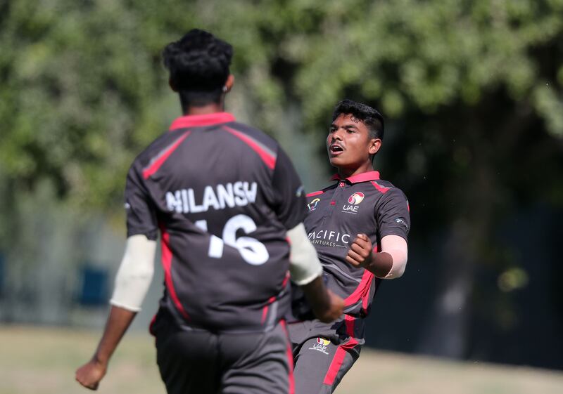 UAE's Aayan Afzal Khan takes the wicket of Pakistan's Haseebullah Khan during the U19 Asian Cup at the ICC Academy, Dubai. Chris Whiteoak / The National