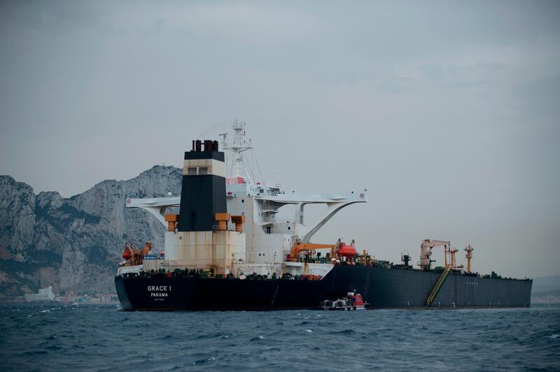 A picture shows supertanker Grace 1 off the coast of Gibraltar on July 6, 2019. Iran demanded on July 5, 2019 that Britain immediately release an oil tanker it has detained in Gibraltar, accusing it of acting at the bidding of the United States. Authorities in Gibraltar, a British overseas territory on Spain's southern tip at the western entrance to the Mediterranean, said they suspected the tanker was carrying crude to Syria in violation of EU sanctions. / AFP / JORGE GUERRERO
