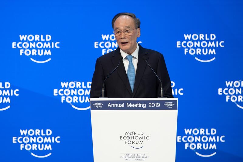 epa07312235 Wang Qishan, Vice-President of the People's Republic of China, speaking during a plenary session in the Congress Hall at the 49th annual meeting of the World Economic Forum, WEF, in Davos, Switzerland, 23 January 2019. The meeting brings together entrepreneurs, scientists, corporate and political leaders in Davos under the topic 'Globalization 4.0' from 22 to 25 January 2019.  EPA/GIAN EHRENZELLER