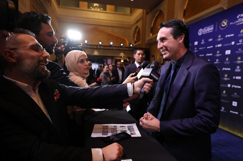 Head coach of Aston Villa Unai Emery attends Dubai Globe Soccer Awards 2022. Emery received the Coach Career Award. Chris Whiteoak / The National