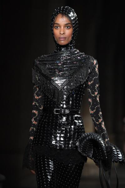 PARIS, FRANCE - FEBRUARY 27: A model walks the runway during the Paco Rabanne show at La Conciergerie as part of the Paris Fashion Week Womenswear Fall/Winter 2020/2021 on February 27, 2020 in Paris, France. (Photo by Pascal Le Segretain/Getty Images For Paco Rabanne)