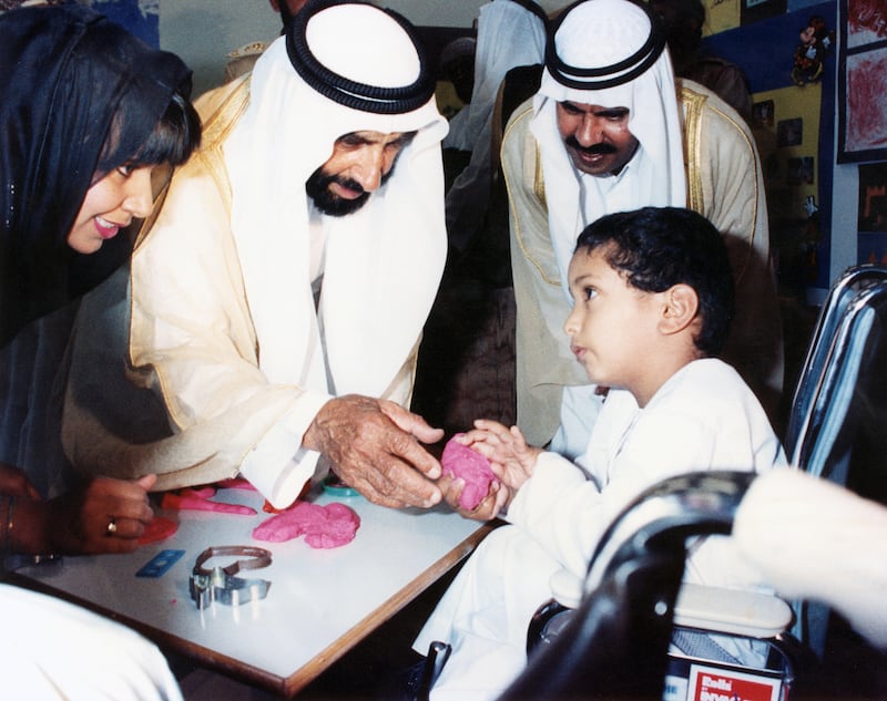 Sheikh Zayed Bin Sultan Al Nahyan at the inaugurating of the ‘Friends of the Disabled Festival’ in Abu Dhabi Rehabilitation and Care Center, 21st April  1987 
National Archives images supplied by the Ministry of Presidential Affairs to mark the 50th anniverary of Sheikh Zayed Bin Sultan Al Nahyan becaming the Ruler of Abu Dhabi. *** Local Caption ***  70.jpg