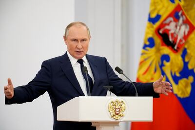Russian President Vladimir Putin delivering a speech at the Kremlin. AP 