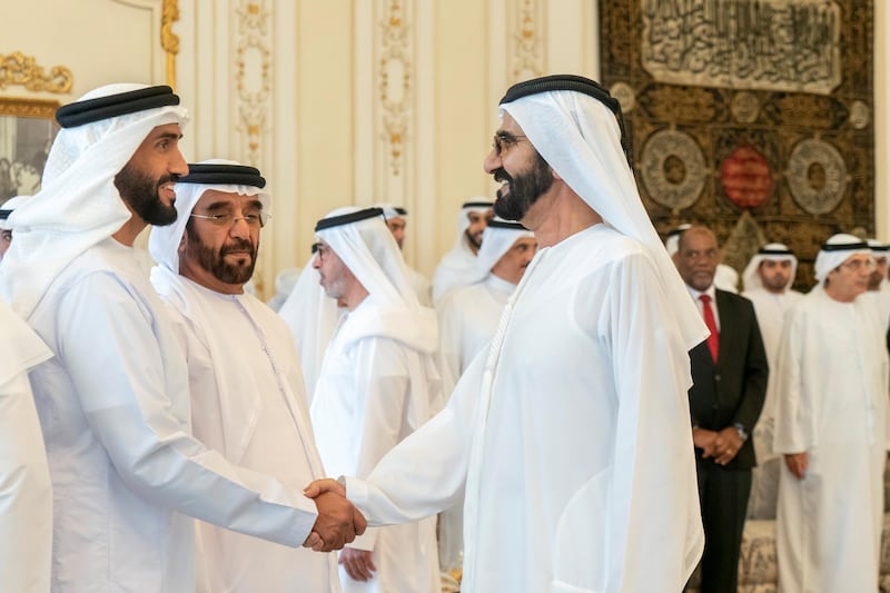 ABU DHABI, UNITED ARAB EMIRATES - September 02, 2019: HH Sheikh Nahyan Bin Zayed Al Nahyan, Chairman of the Board of Trustees of Zayed bin Sultan Al Nahyan Charitable and Humanitarian Foundation (L), greets HH Sheikh Mohamed bin Rashid Al Maktoum, Vice-President, Prime Minister of the UAE, Ruler of Dubai and Minister of Defence (R), during a Sea Palace barza. Seen with HH Sheikh Saif bin Mohamed Al Nahyan (C).

( Rashed Al Mansoori / Ministry of Presidential Affairs )
---