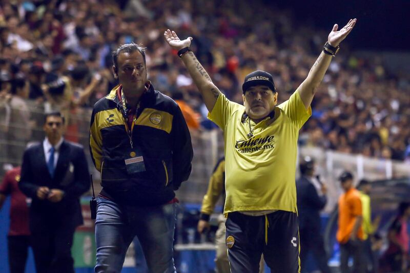 Maradona celebrates after his team's Edson Rivera scores on 75 minutes. It is worth mentioning that Maradona will have to watch the second leg, scheduled for Sunday, from the stands after he was sent off for celebrating in front of the opposition manager. AFP