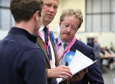 Paul Bristow, right, at Peterborough Arena as counting begins across the UK for local government elections in May 2022. PA