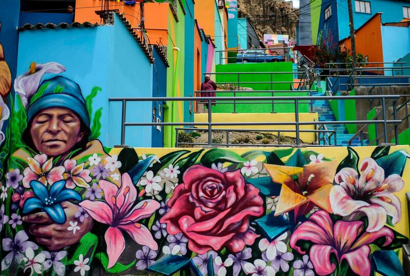 A woman stands on a stair at Chualluma neighborhood in La Paz, amid the new coronavirus pandemic. The multi-coloured neighborhood of Chualluma patiently waits for the new coronavirus pandemic to pass and tourists to arrive. AFP
