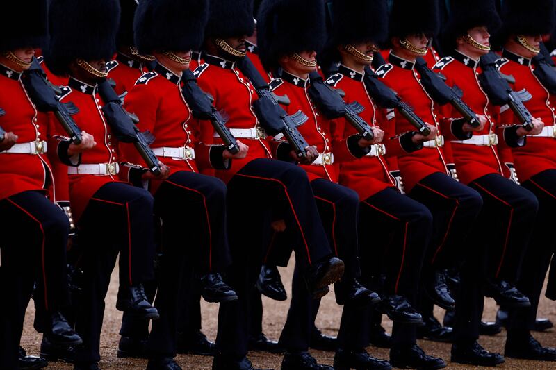 No 9 Company of the Irish Guards take part in the Colonel's Review on Horse Guards Parade in London on Saturday June 8, before The King's Birthday Parade on June 15. AFP