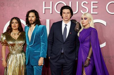 Cast members Salma Hayek, Jared Leto, Adam Driver and Lady Gaga arrive at the UK premiere of the film 'House of Gucci'. Reuters