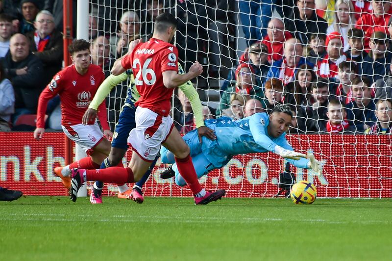 Nottingham Forest's Keylor Navas makes a save. AP 