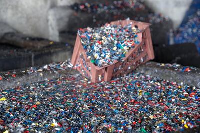 Abu Dhabi, United Arab Emirates, July 4, 2019.  Musaffah Junkyard Photo Project.--
Shredded plastic at a plastic recycle plant at the Musaffah area, Abu Dhabi.
Victor Besa/The National
Section:  NA
Reporter: