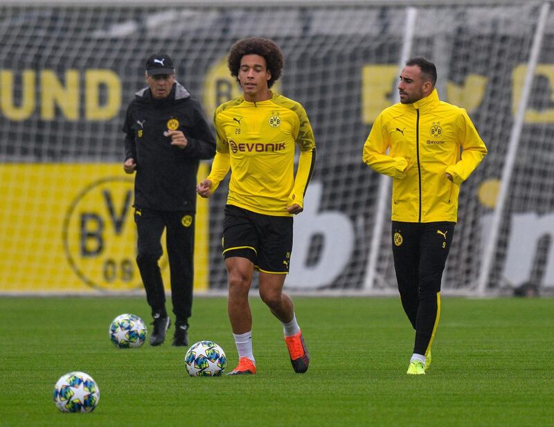 Borussia Dortmund's Swiss coach Lucien Favre oversees a training session of his players on the eve of the Champions League Group F match against Barcelona in Dortmund, western Germany. AFP