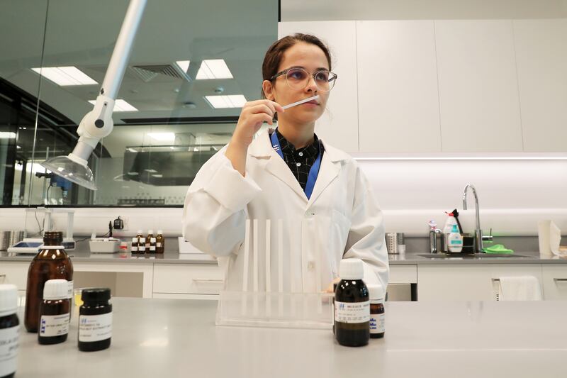 Taraneh Taghaddossi, trainee flavourist, tasting compounds at the International Flavours and Fragrances factory in Dubai Science Park. All photos: Pawan Singh / The National