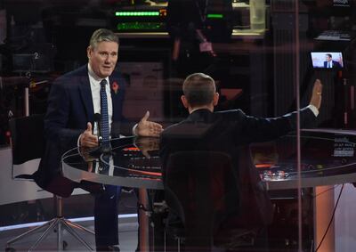 Britain's opposition Labour Party leader Keir Starmer appears on BBC TV's The Andrew Marr Show in London, Britain November 1, 2020. Picture taken through glass. Jeff Overs/BBC/Handout via REUTERS THIS IMAGE HAS BEEN SUPPLIED BY A THIRD PARTY. NO RESALES. NO ARCHIVES. NO NEW USES 21 DAYS OF ISSUE