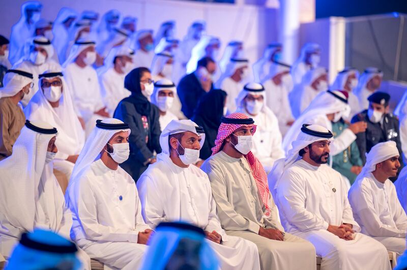 Sheikh Zayed bin Suroor, Sheikh Mohamed bin Saif and Sheikh Abdullah bin Mohamed at the Commemoration Day ceremony at Wahat Al Karama. Photo: Mohamed Al Hammadi / Ministry of Presidential Affairs